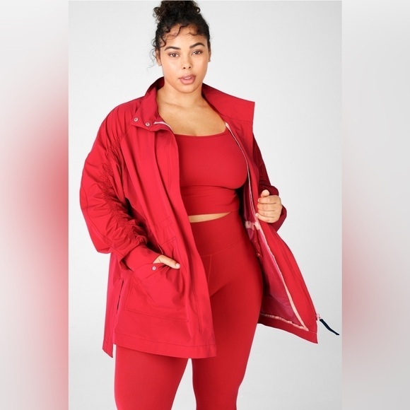 Fabletics Giana II Red Ruched Longline Windbreaker Rain Jacket Womens 2X - Picture 1 of 9